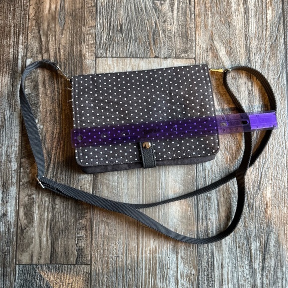 Thirty One Double Up Crossbody Purse Gray White Polka Dot With Turquoise Lining - Picture 8 of 10